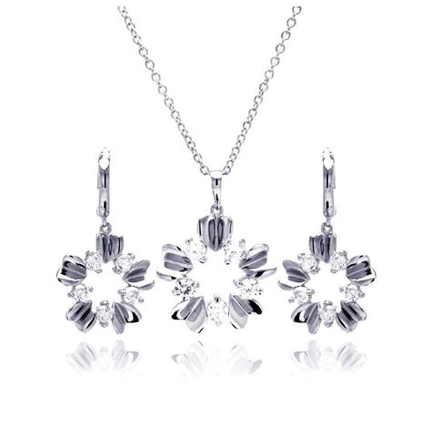 .925 Sterling Silver Rhodium Plated High Polish Flower Clear Cz Leverback Earring & Necklace Set