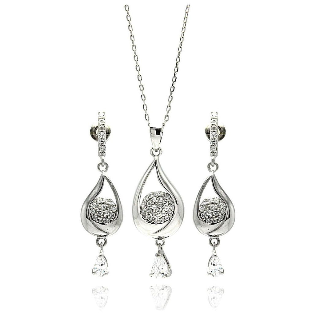 .925 Sterling Silver Rhodium Plated Teardrop Clear Cz Dangling Stud Earring & Dangling Necklace Set