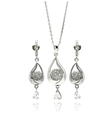 .925 Sterling Silver Rhodium Plated Teardrop Clear Cz Dangling Stud Earring & Dangling Necklace Set