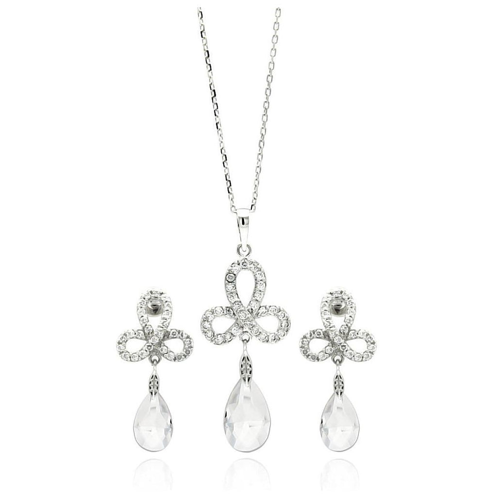 .925 Sterling Silver Rhodium Plated Clear Ribbon Cz Hanging Stud Earring & Necklace Set