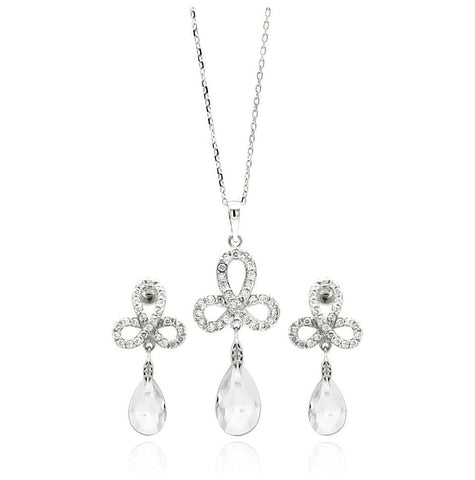 .925 Sterling Silver Rhodium Plated Clear Ribbon Cz Hanging Stud Earring & Necklace Set