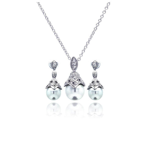 .925 Sterling Silver Rhodium Plated Pearl Drop Clear Cz Dangling Stud Earring & Necklace Set