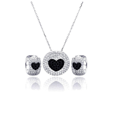 .925 Sterling Silver Rhodium & Black Rhodium Plated Clear & Black Heart Disc Rectangle Cz Hoop Earring & Necklace Set