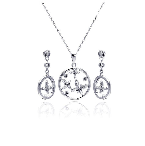 .925 Sterling Silver Rhodium Plated Open Circle Butterfly Clear Cz Dangling Stud Earring & Necklace Set