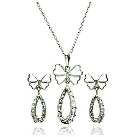 .925 Sterling Silver Rhodium Plated Open Butterfly Teardrop Clear Cz Hanging Stud Earring & Hanging Necklace Set