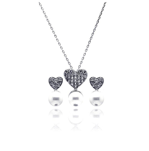 .925 Sterling Silver Rhodium Plated Pearl Clear Heart Cz Hanging Stud Earring & Hanging Necklace Set