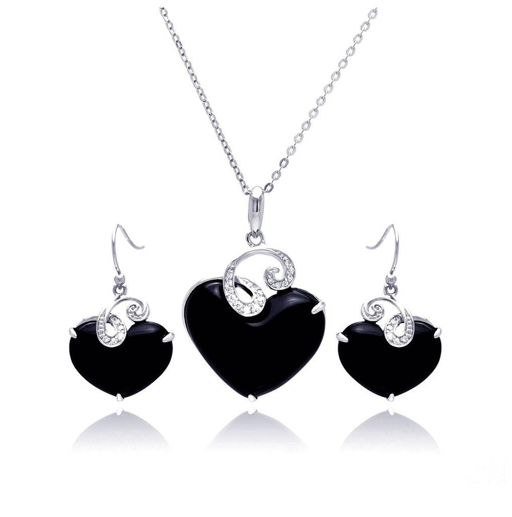 .925 Sterling Silver Rhodium Plated Black Onyx Heart Clear Wave Cz Hook Earring & Hanging Necklace Set