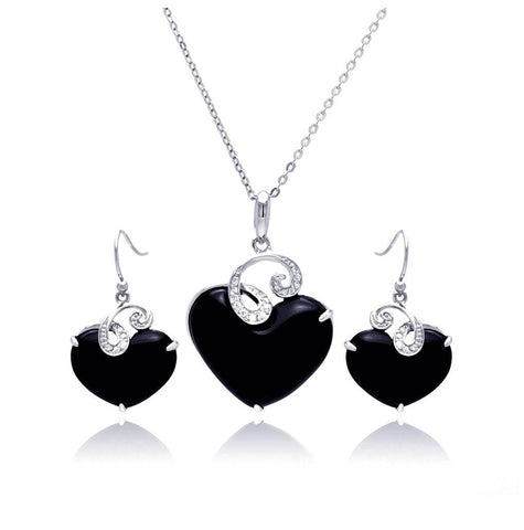 .925 Sterling Silver Rhodium Plated Black Onyx Heart Clear Wave Cz Hook Earring & Hanging Necklace Set