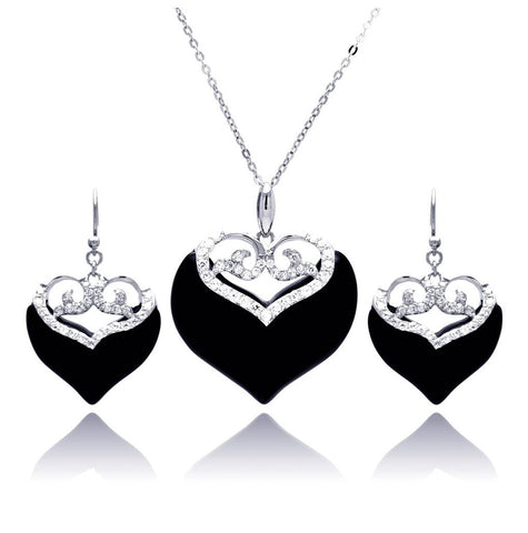 .925 Sterling Silver Rhodium Plated Black Onyx Clear Double Heart Cz Hook Earring & Necklace Set