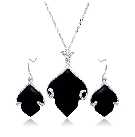 .925 Sterling Silver Rhodium Plated Black Onyx Leaf Clear Cz Hook Earring & Dangling Necklace Set