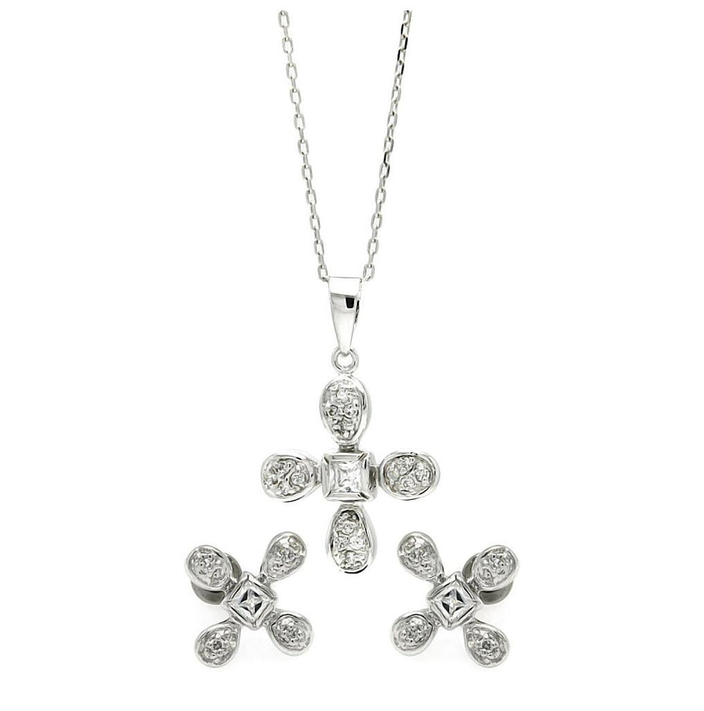 .925 Sterling Silver Rhodium Plated Clear Flower Cz Stud Earring & Necklace Set