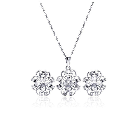 .925 Sterling Silver Rhodium Plated Flower Outline Clear Cz Stud Earring & Necklace Set