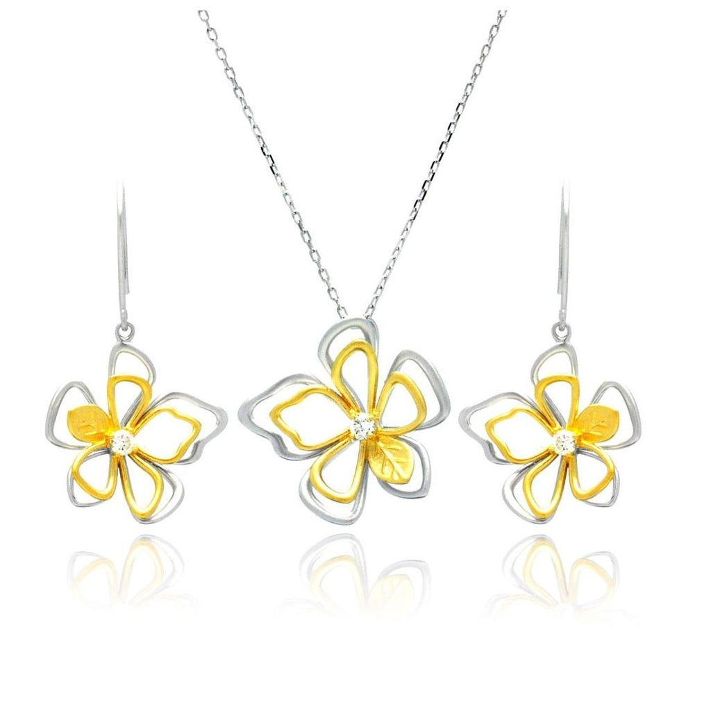 .925 Sterling Silver Rhodium & Gold Plated Open Flower Outline Clear Cz Hook Earring & Necklace Set