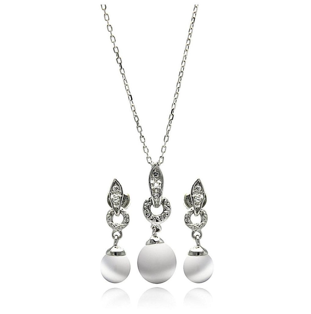 .925 Sterling Silver Rhodium Plated Pearl Clear Cz Hanging Stud Earring & Necklace Set