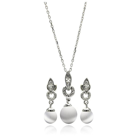 .925 Sterling Silver Rhodium Plated Pearl Clear Cz Hanging Stud Earring & Necklace Set