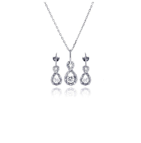 .925 Sterling Silver Rhodium Plated Figure 8 Teardrop Clear Cz Dangling Stud Earring & Necklace Set