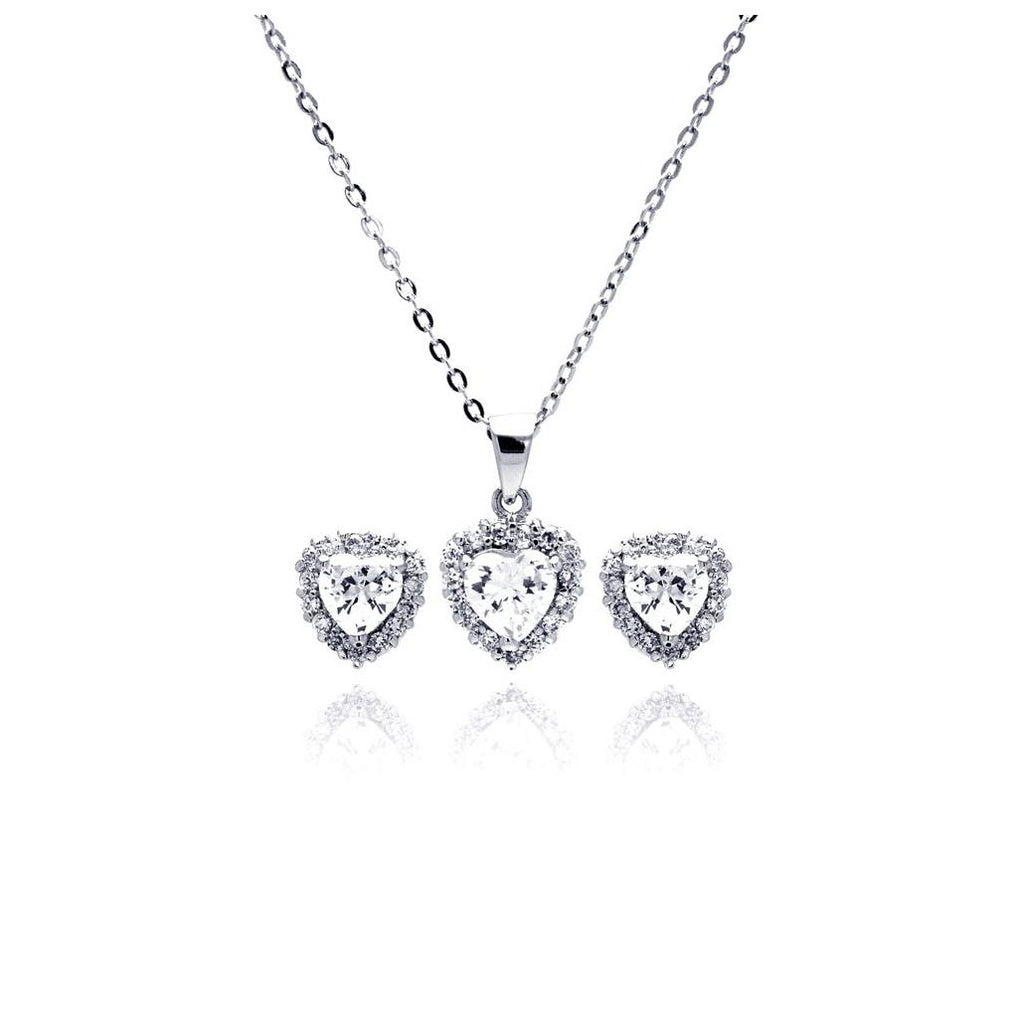 .925 Sterling Silver Rhodium Plated Heart Clear Cz Stud Earring & Necklace Set