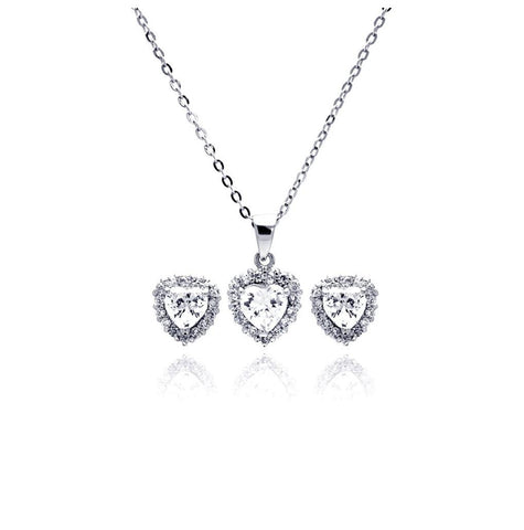 .925 Sterling Silver Rhodium Plated Heart Clear Cz Stud Earring & Necklace Set