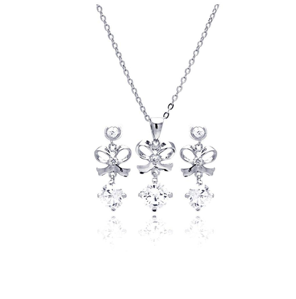 .925 Sterling Silver Rhodium Plated Clear Blow Cz Hanging Stud Earring & Necklace Set