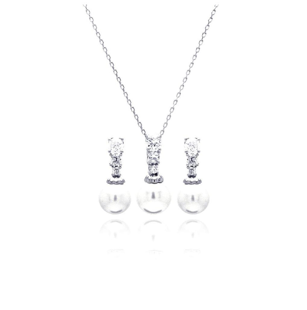 .925 Sterling Silver Rhodium Plated Pearl Clear Cz Hanging Stud Earring & Necklace Set