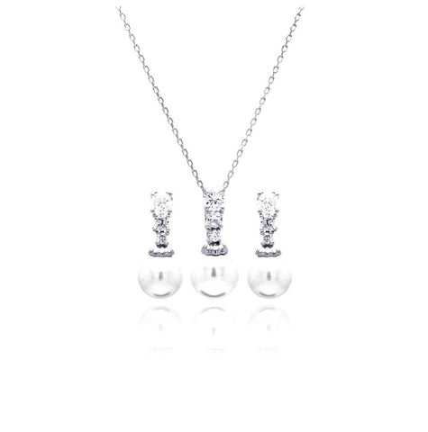 .925 Sterling Silver Rhodium Plated Pearl Clear Cz Hanging Stud Earring & Necklace Set