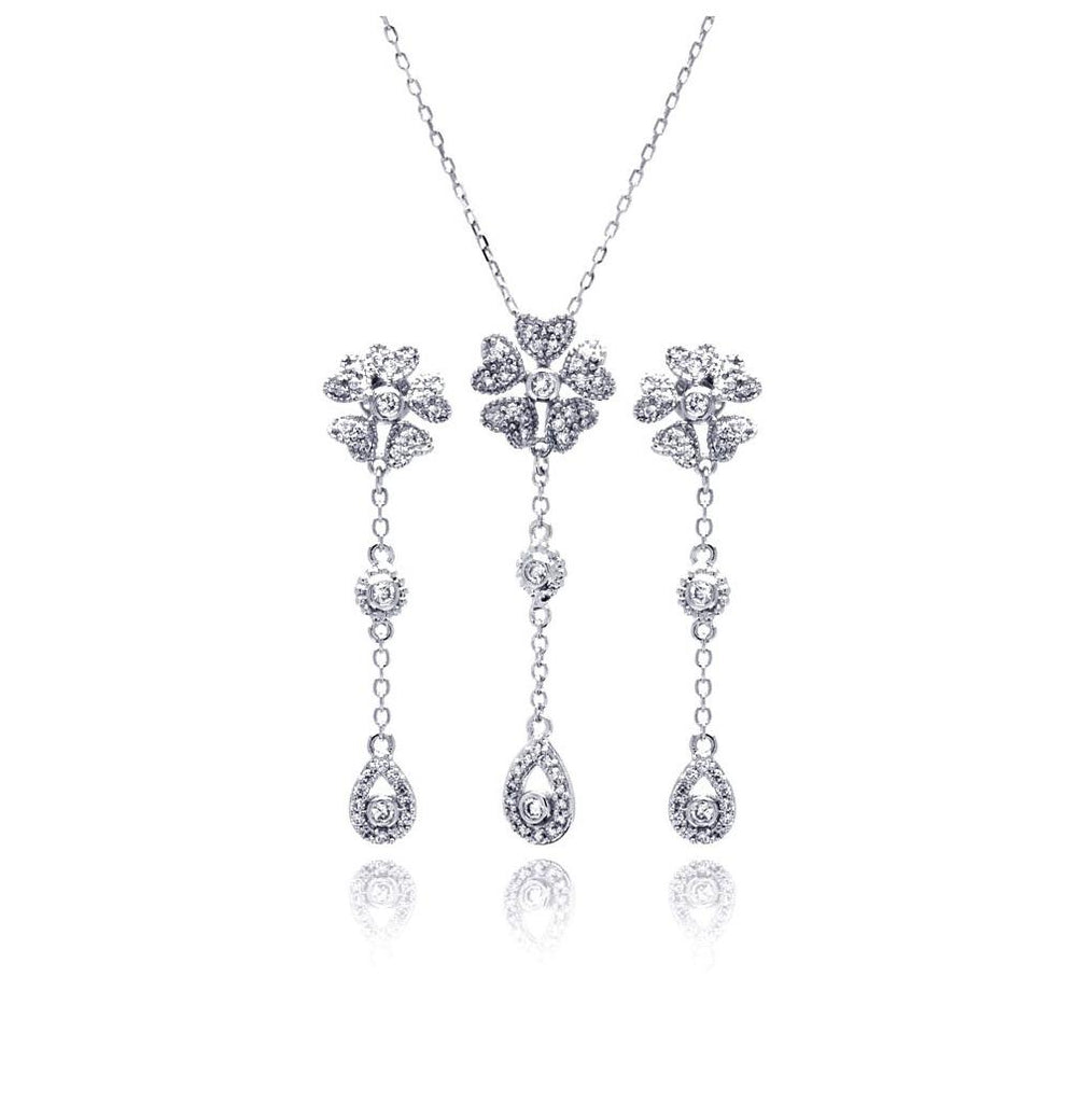 .925 Sterling Silver Rhodium Plated Clear Teardrop Flower Cz Dangling Stud Earring & Dangling Necklace Set