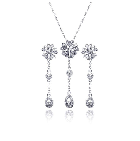 .925 Sterling Silver Rhodium Plated Clear Teardrop Flower Cz Dangling Stud Earring & Dangling Necklace Set