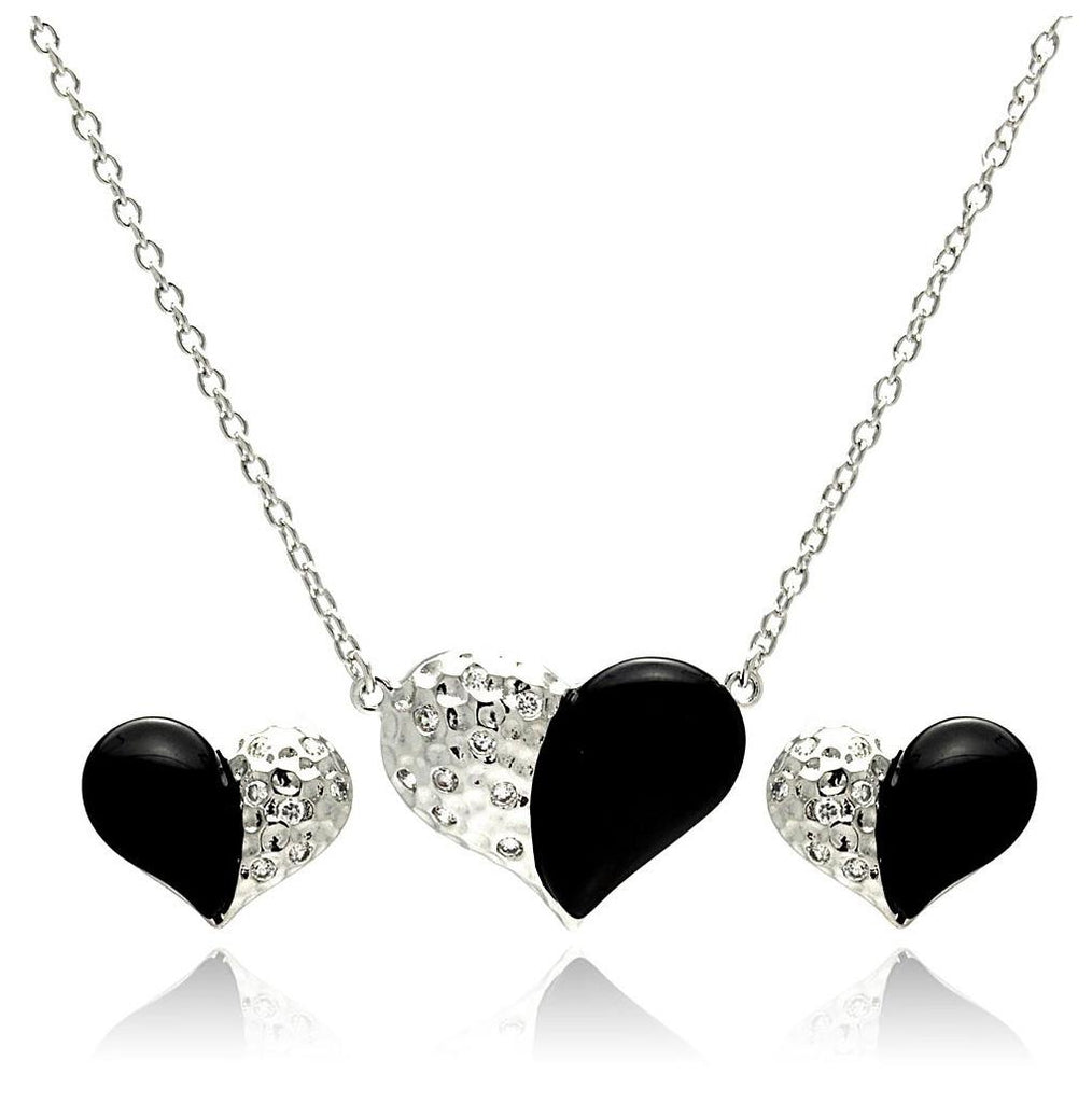 .925 Sterling Silver Rhodium Plated Black Onyx Clear Heart Cz Stud Earring & Necklace Set