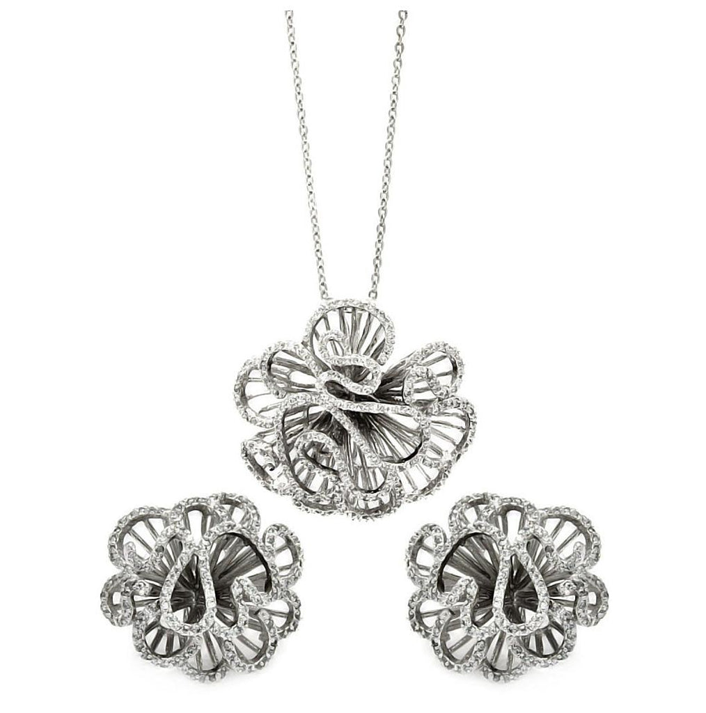 .925 Sterling Silver Rhodium Plated Clear Flower Carnation Cz Stud Earring & Necklace Set