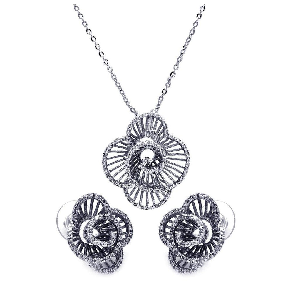 .925 Sterling Silver Rhodium Plated Clear Flower Cz Stud Earring & Necklace Set