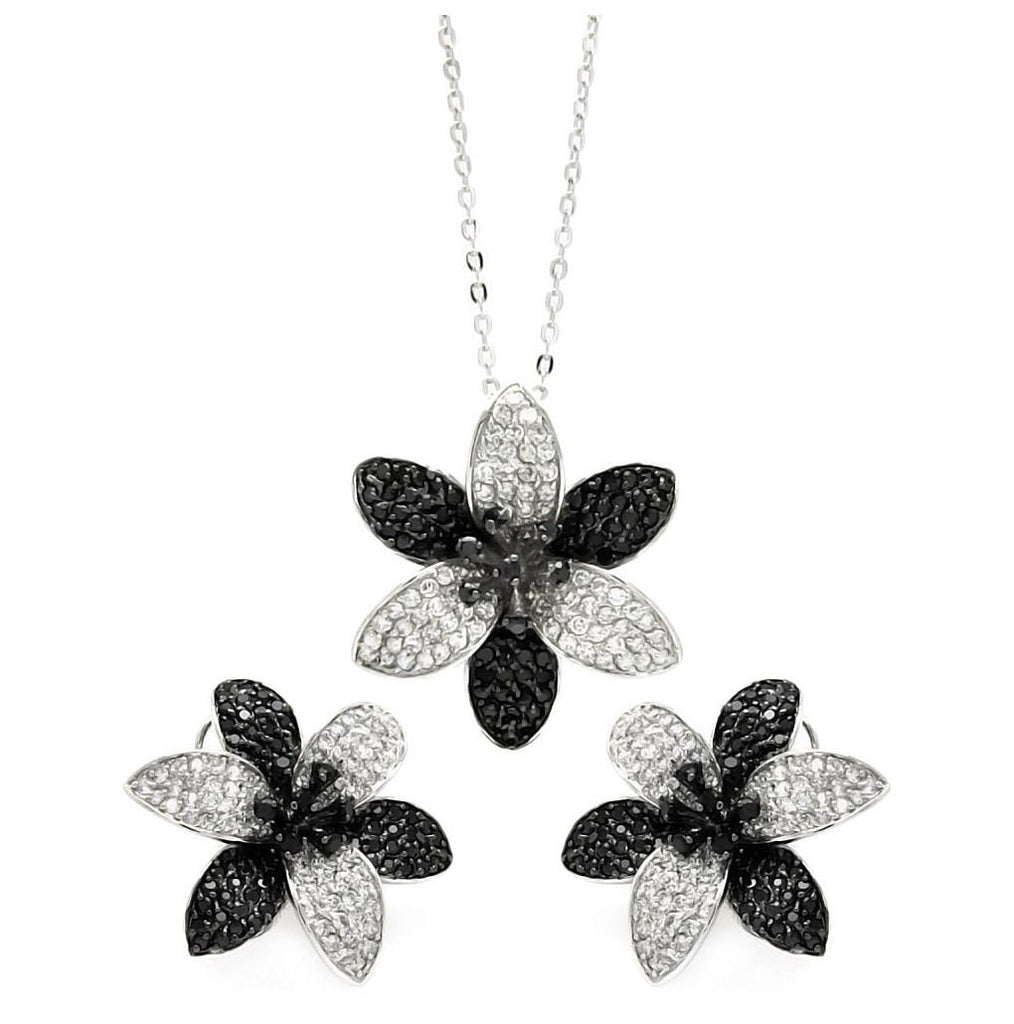 .925 Sterling Silver Rhodium & Black Rhodium Plated Black & Clear Pave Set Flower Cz Stud Earring & Necklace Set