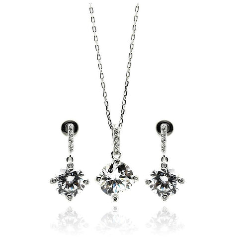 .925 Sterling Silver Rhodium Plated Clear Round Cz Dangling Stud Earring & Necklace Set