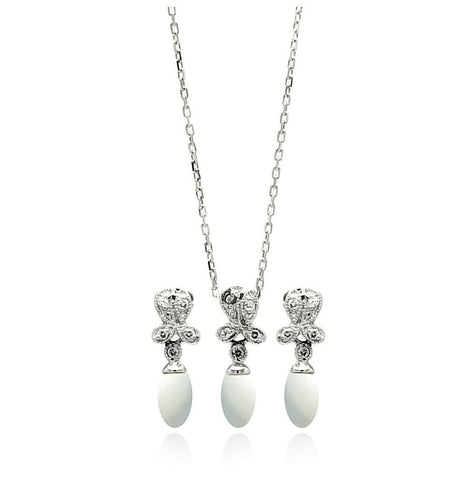 .925 Sterling Silver Rhodium Plated Pearl Flower Clear Cz Hanging Stud Earring & Necklace Set