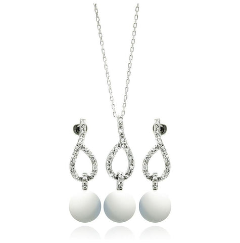 .925 Sterling Silver Rhodium Plated Pearl Clear Open Teardrop Cz Dangling Stud Earring & Dangling Necklace Set