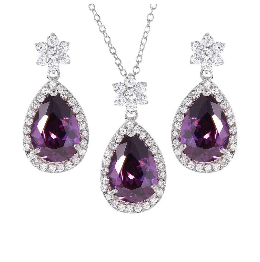 .925 Sterling Silver Rhodium Plated Purple Pear Set