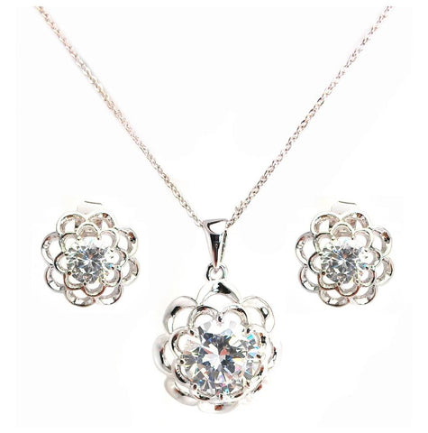 .925 Sterling Silver Rhodium Plated Clear Flower Cz Stud Earring & Necklace Set