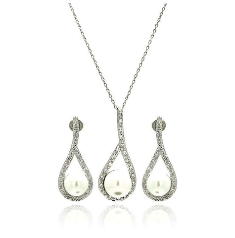 .925 Sterling Silver Rhodium Plated Pearl Open Teardrop Clear Pave Set Cz Hanging Stud Earring & Necklace Set