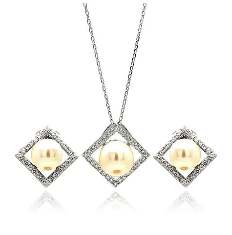 .925 Sterling Silver Rhodium Plated Pearl Square Diamond Shaped Clear Cz Stud Earring & Necklace Set