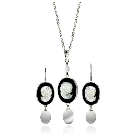 .925 Sterling Silver Rhodium Plated Black Onyx Mother Of Pearl Woman Portrait Figure Face Hook Earring & Dangling Necklace Set