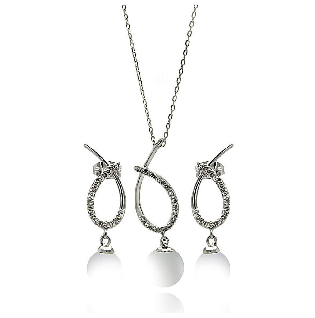 .925 Sterling Silver Rhodium Plated Clear Open Overlap Oval Teardrop Pearl Cz Hanging Stud Earring & Hanging Necklace Set