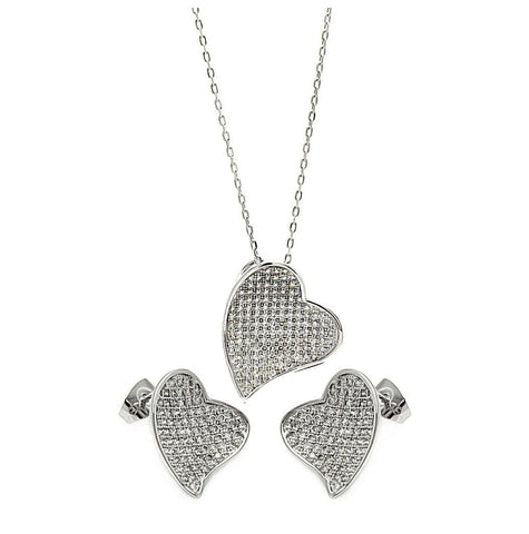 .925 Sterling Silver Rhodium Plated Micro Pave Clear Curl Heart Cz Stud Earring & Necklace Set