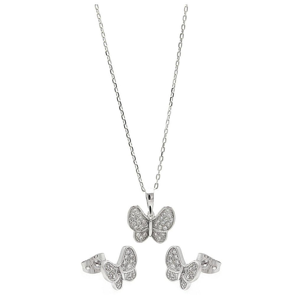 .925 Sterling Silver Rhodium Plated Clear Butterfly Cz Stud Earring & Necklace Set