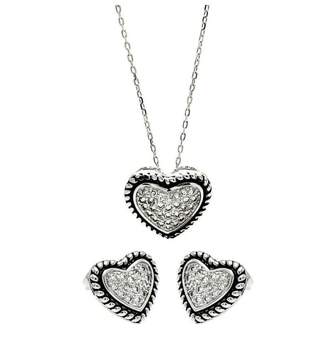 .925 Sterling Silver Rhodium & Black Rhodium Plated Bead Border Clear Heart Cz Stud Earring & Necklace Set