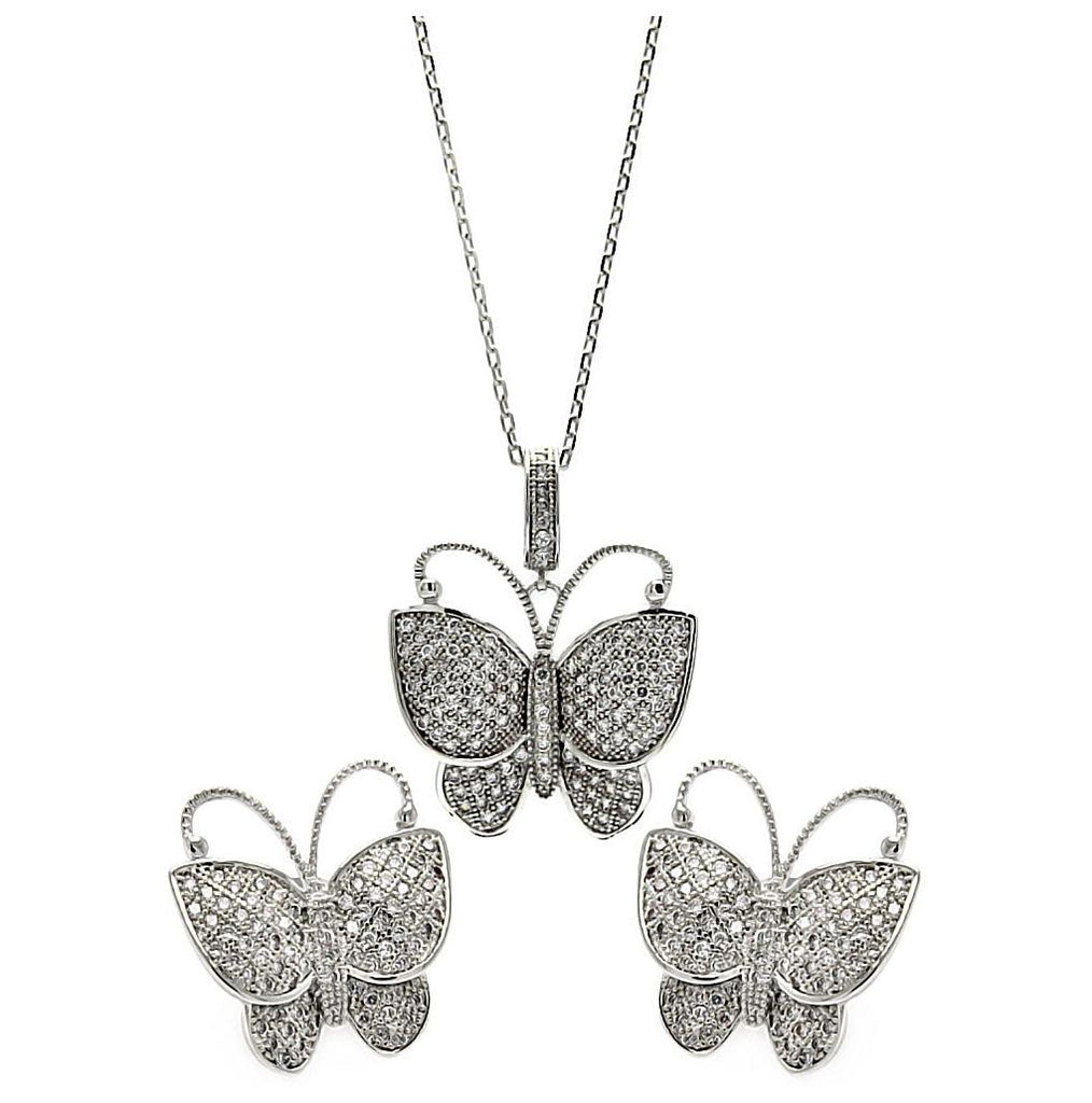 .925 Sterling Silver Rhodium Plated Micro Pave Clear Butterfly Cz Stud Earring & Necklace Set