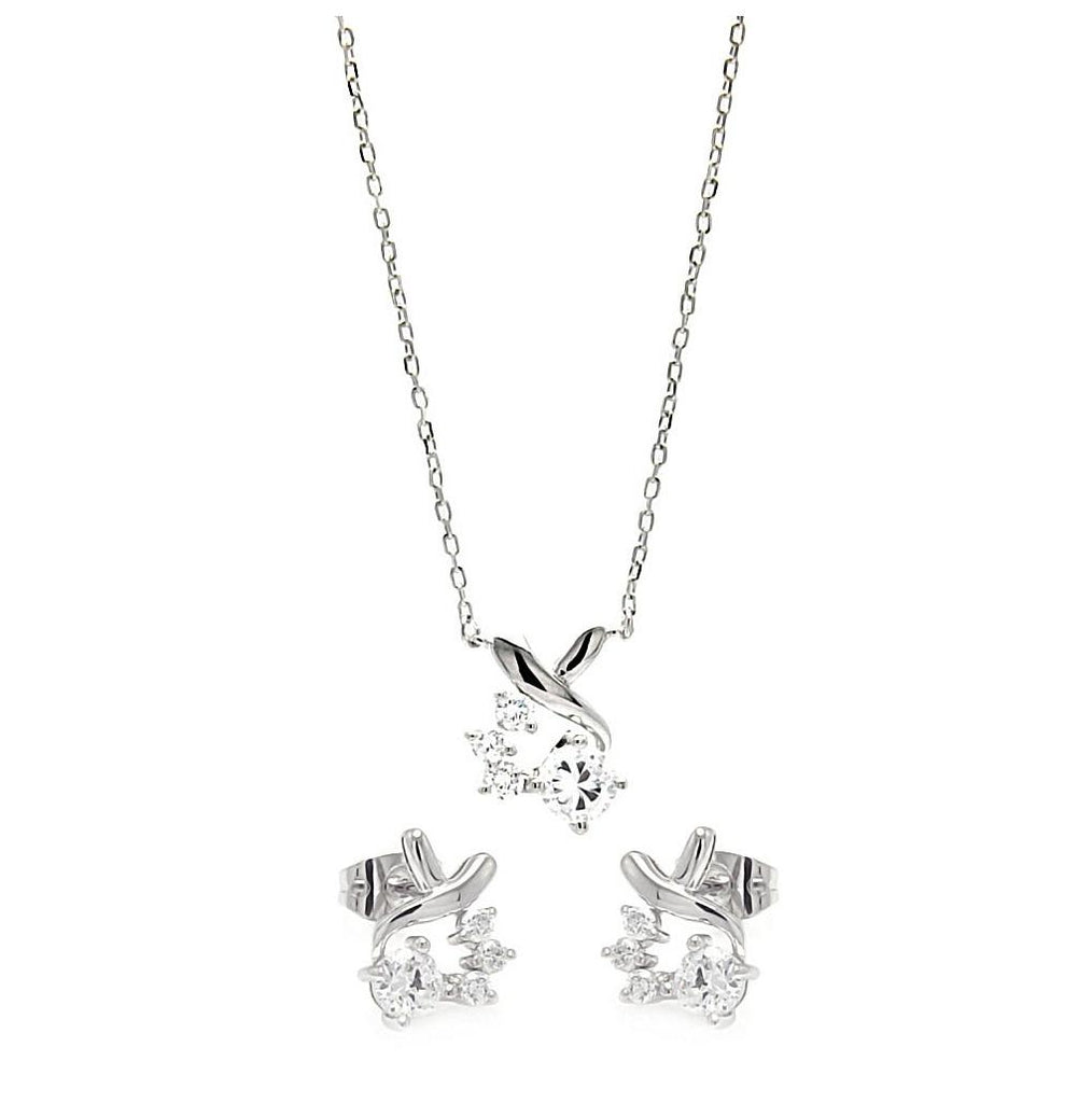 .925 Sterling Silver Rhodium Plated Individual Clear Twist Wrap Cz Stud Earring & Necklace Set