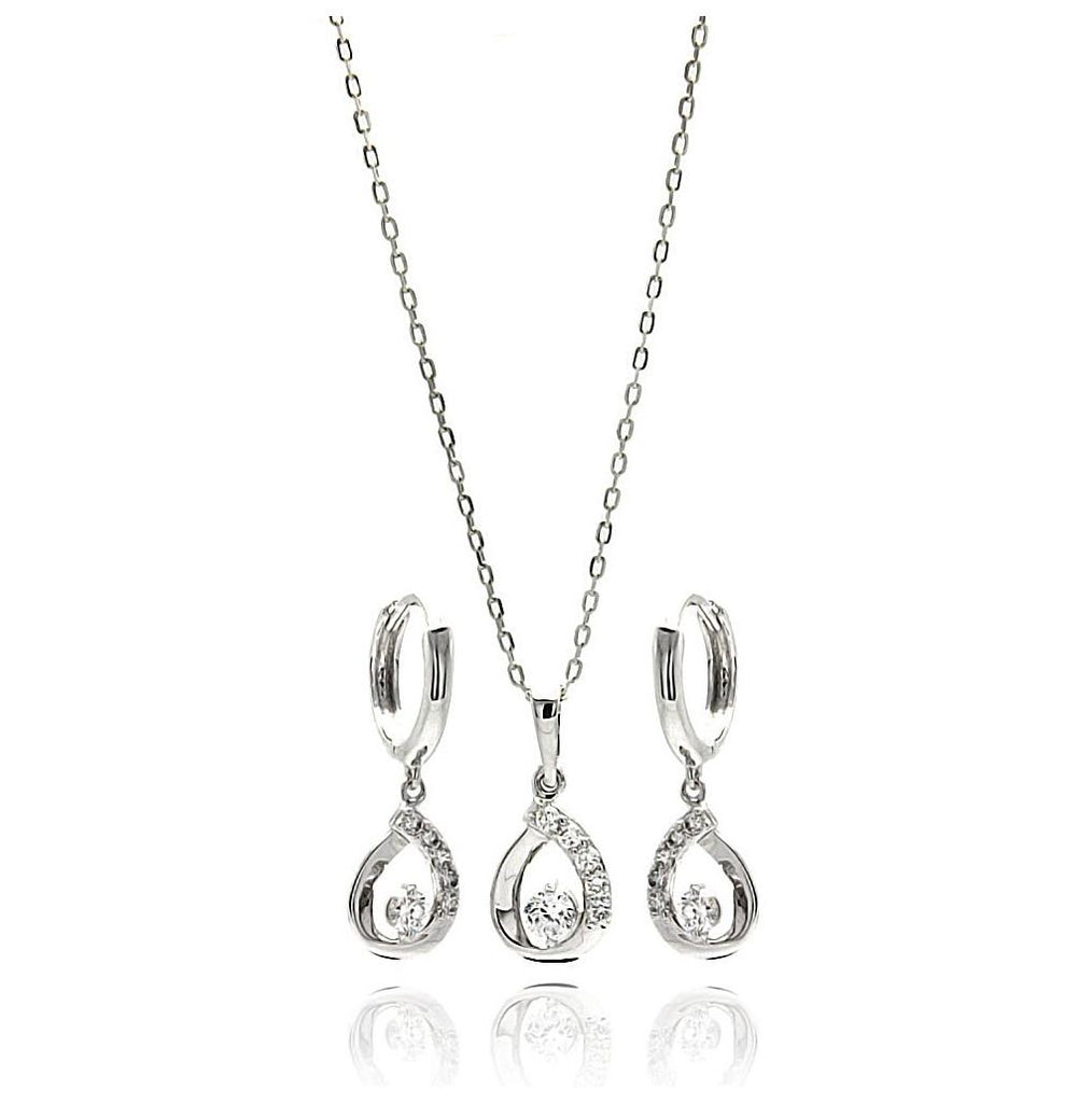 .925 Sterling Silver Rhodium Plated Oepn Teardrop Clear Cz Leverback Earring & Necklace Set