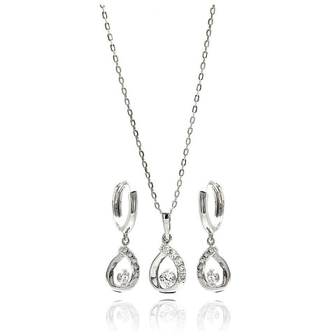 .925 Sterling Silver Rhodium Plated Oepn Teardrop Clear Cz Leverback Earring & Necklace Set