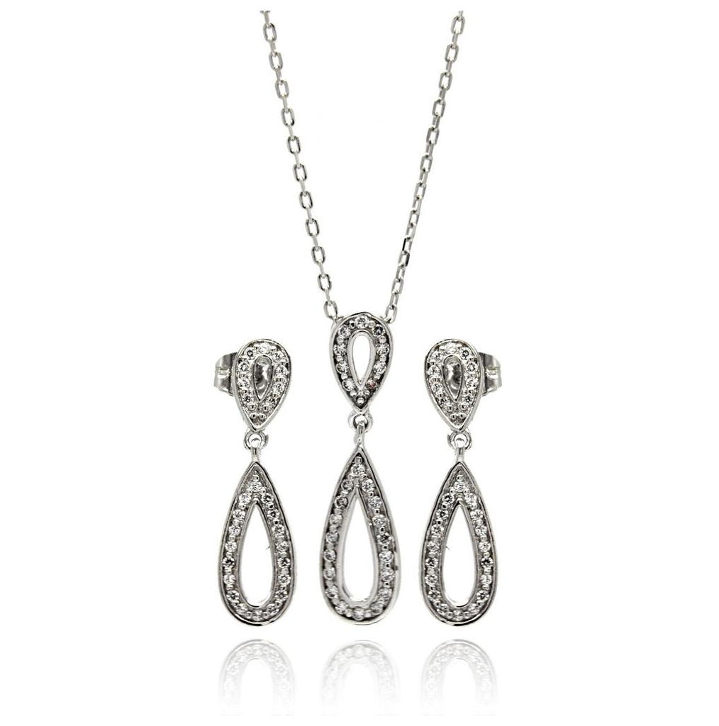 .925 Sterling Silver Rhodium Plated Clear Open Teardrop Cz Dangling Stud Earring & Dangling Necklace Set