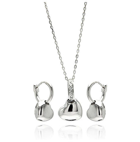 .925 Sterling Silver Rhodium Plated High Polish Heart Clear Cz Leverback Earring & Necklace Set