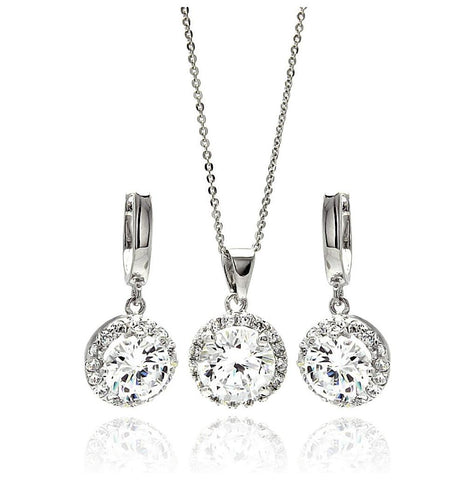 .925 Sterling Silver Rhodium Plated Clear Round Cluster Cz Hanging Hook Earring & Necklace Set